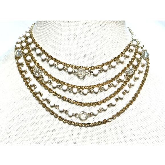 Vintage Lisner Multistrand Necklace Gold Tone White Clear Lucite Beads 1950s-60s - Picture 4 of 10